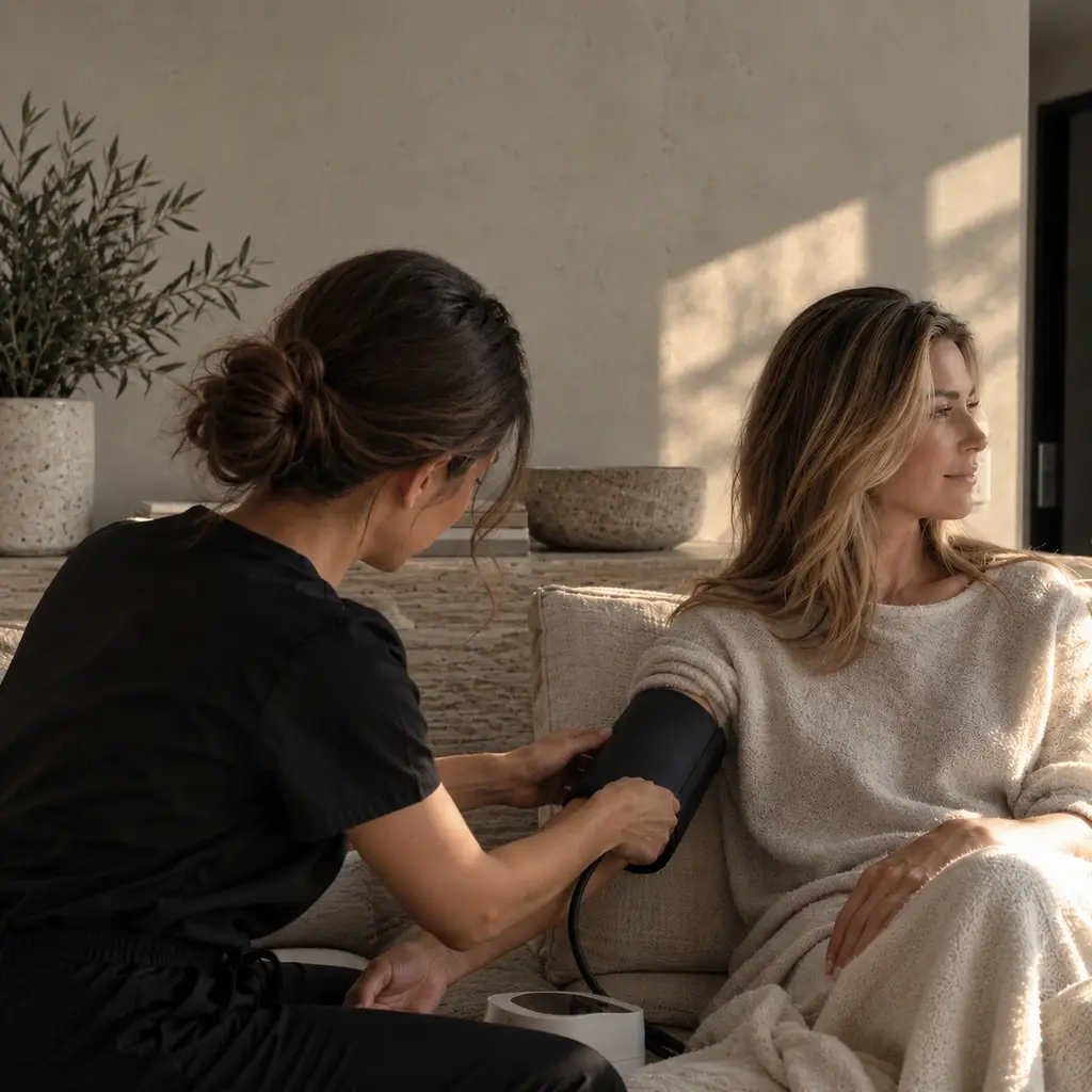 A nurse taking a client's blood pressure at home